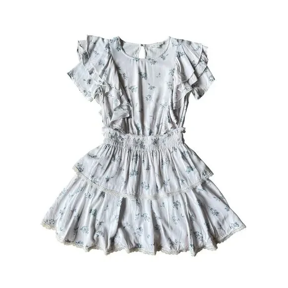 Shabby Chic White Blue Floral Ruffle Mini Dress Cottagecore - Size XS - Picture 2 of 9